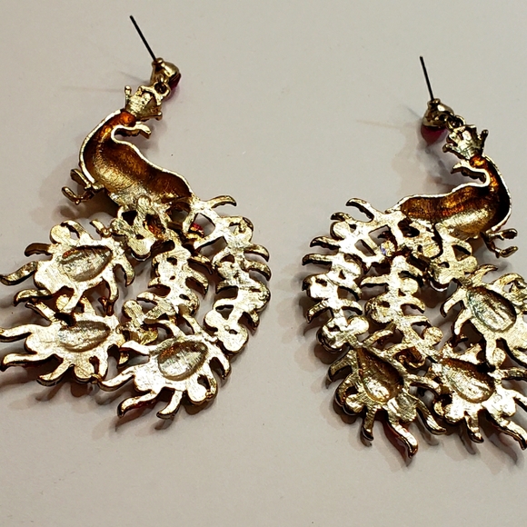 Large Beautiful Rhinestone Peacock Statement Earrings - Picture 12 of 12